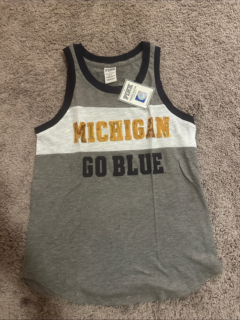PINK Victoria's Secret Grey, White & Navy Michigan Tank Top